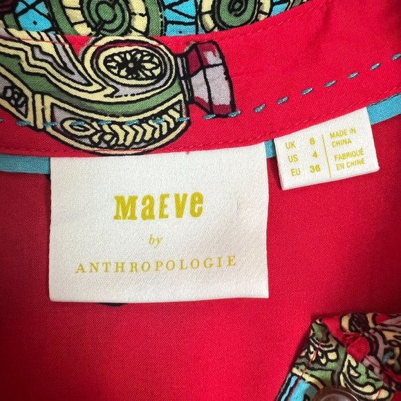 Maeve Anthropologie Shirt Women 4 Red Clock Long Sleeve Whimsy‎ Button Down Top - Picture 10 of 12